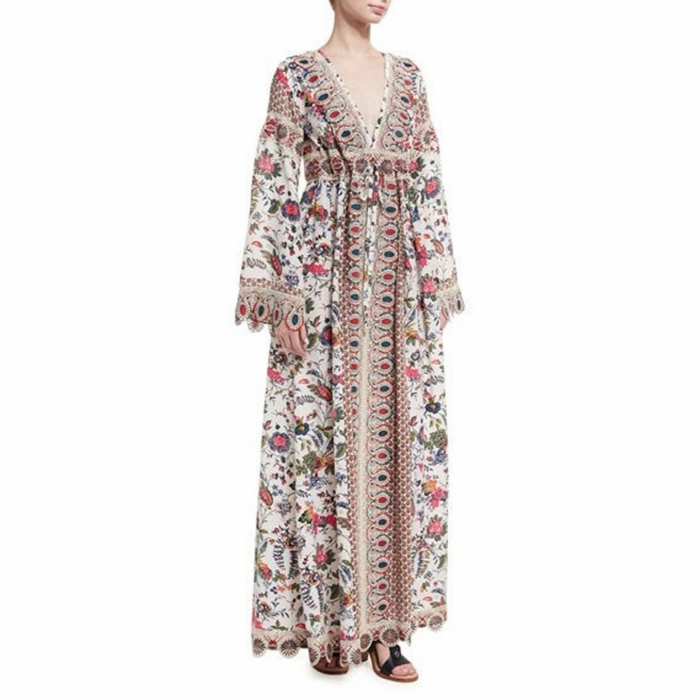 Tory Burch Rosemary Gabriella Floral Print Silk Maxi Dress Lace Jacobean Ivory 4